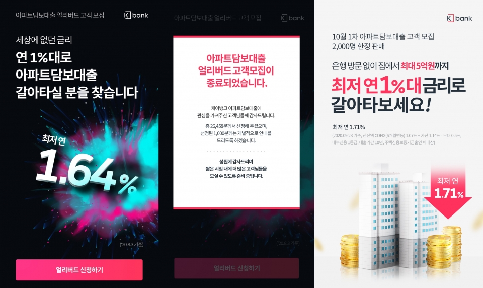케이뱅크 아파트담보대출 얼리버드 1차·1차 종료 공지·3차 포스터. (자료=케이뱅크 홈페이지)