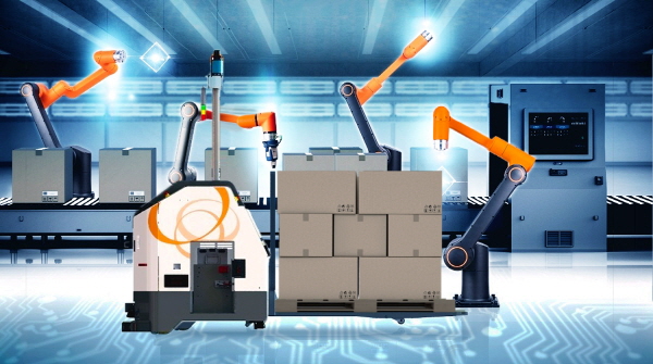 어드밴스드 솔루션(Advanced Solution) 중 모빌리티 솔루션으로 HCR(Hanwha Collaborative Robot) 어드밴스드 모델과 한화 LGV(Laser Guided Vehicle)가 협업하는 스마트팩토리 모습. (사진=한화)