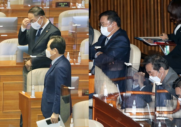 (왼쪽부터) 홍남기 경제부총리 겸 기획재정부 장관이 3일 오전 국회 본회의에서 열린 국민의힘 주호영 원내대표 교섭단체 대표연설이 끝난 뒤 정세균 국무총리의 퇴장을 기다리고 있다. 더불어민주당 이낙연 대표(오른쪽)와 김태년 원내대표가 국회 본회의에 참석해 있다. (사진=연합뉴스)