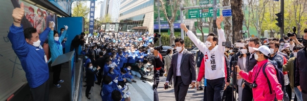 (왼쪽) 4·7 재·보궐선거를 하루 앞둔 6일 오전 더불어민주당 박영선 서울시장 후보가 서울 종로구 세종대로 동화면세점 앞에서 이낙연 공동 상임선대위원장과 유세에 나서고 있다. (오른쪽) 국민의힘 오세훈 서울시장 후보가 6일 서울 노원구 상계백병원 인근에서 유세를 마친 뒤 시민들과 인사하고 있다. (국회사진기자단)